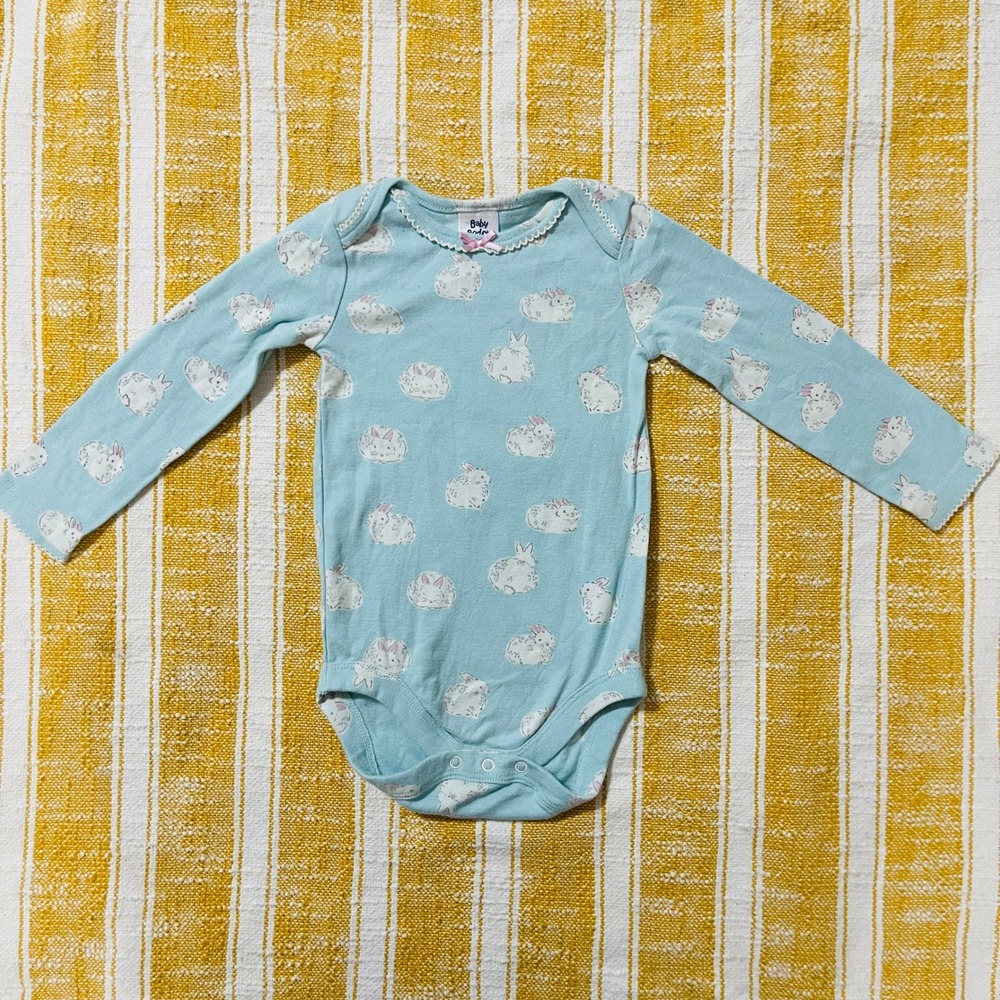 Baby Boden Light Blue Bunny Print Long Sleeve Bodysuit 6-12 Months